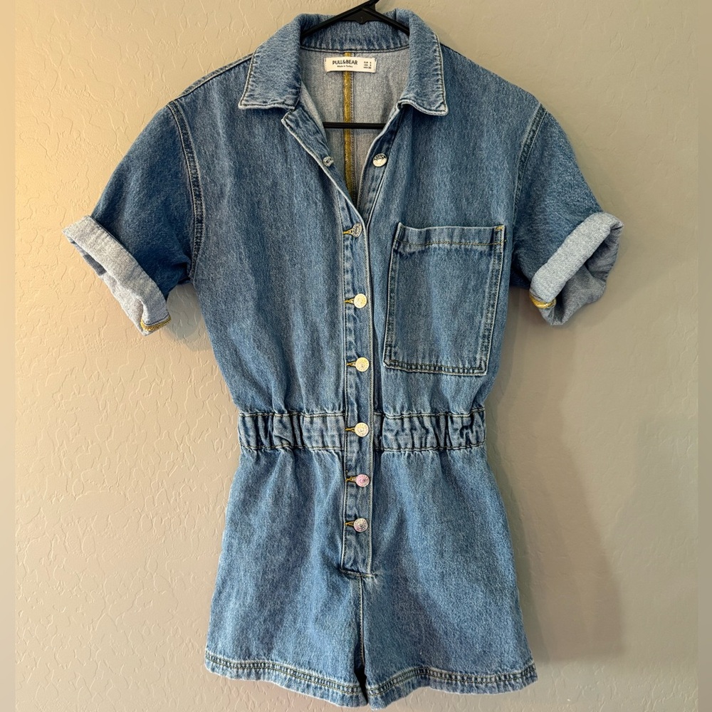 Pull&Bear Denim One-Piece Romper in Blue
